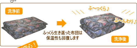 洗浄前と洗浄後は、ふっくら感がこんなに違います。ふっくら生き返った布団は、保温性も回復します